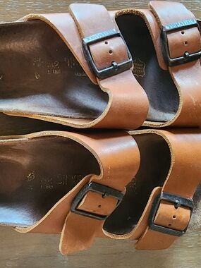 Birkenstock Brown Leather Double Buckle Slide Sandals